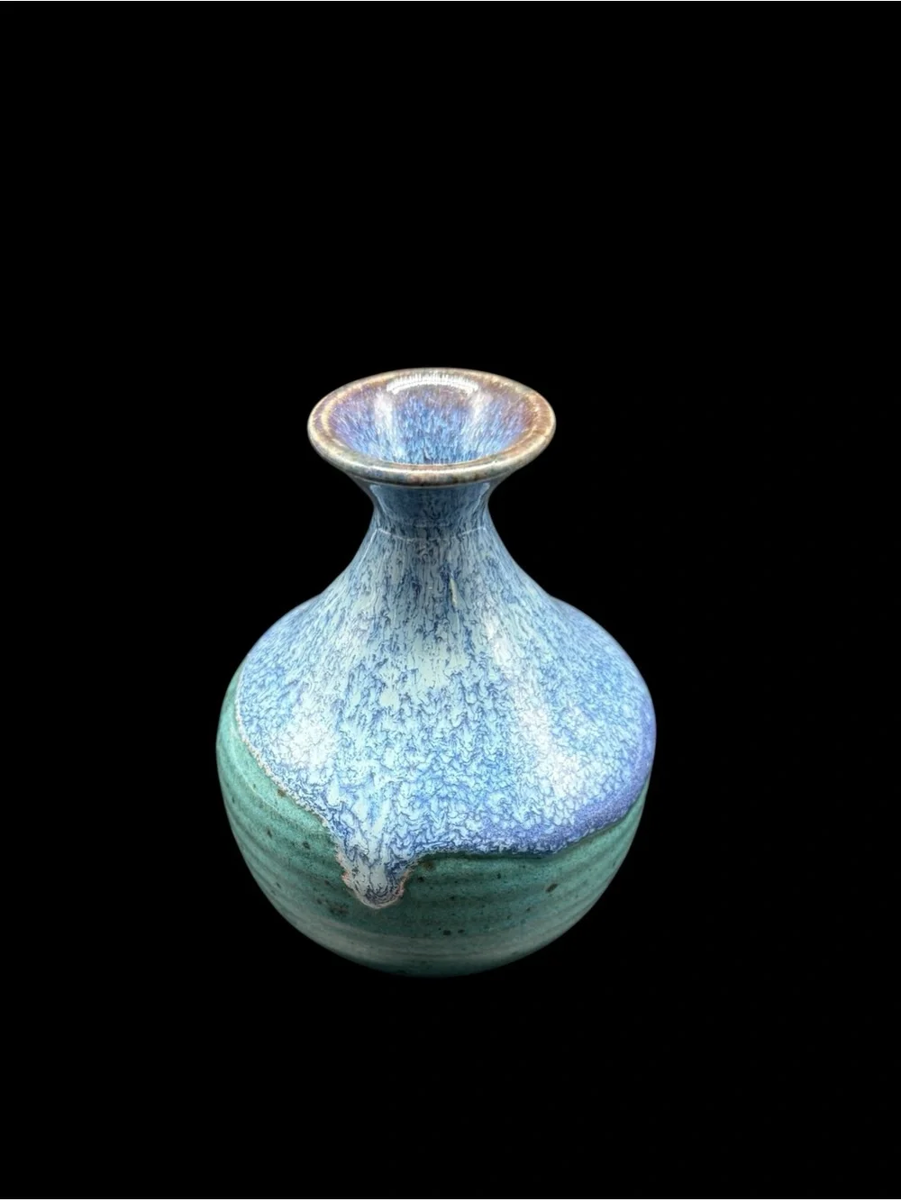 Studio Art Pottery Bud Vase Signed Blue Green Drip Glaze 4” Artisan Earthy
